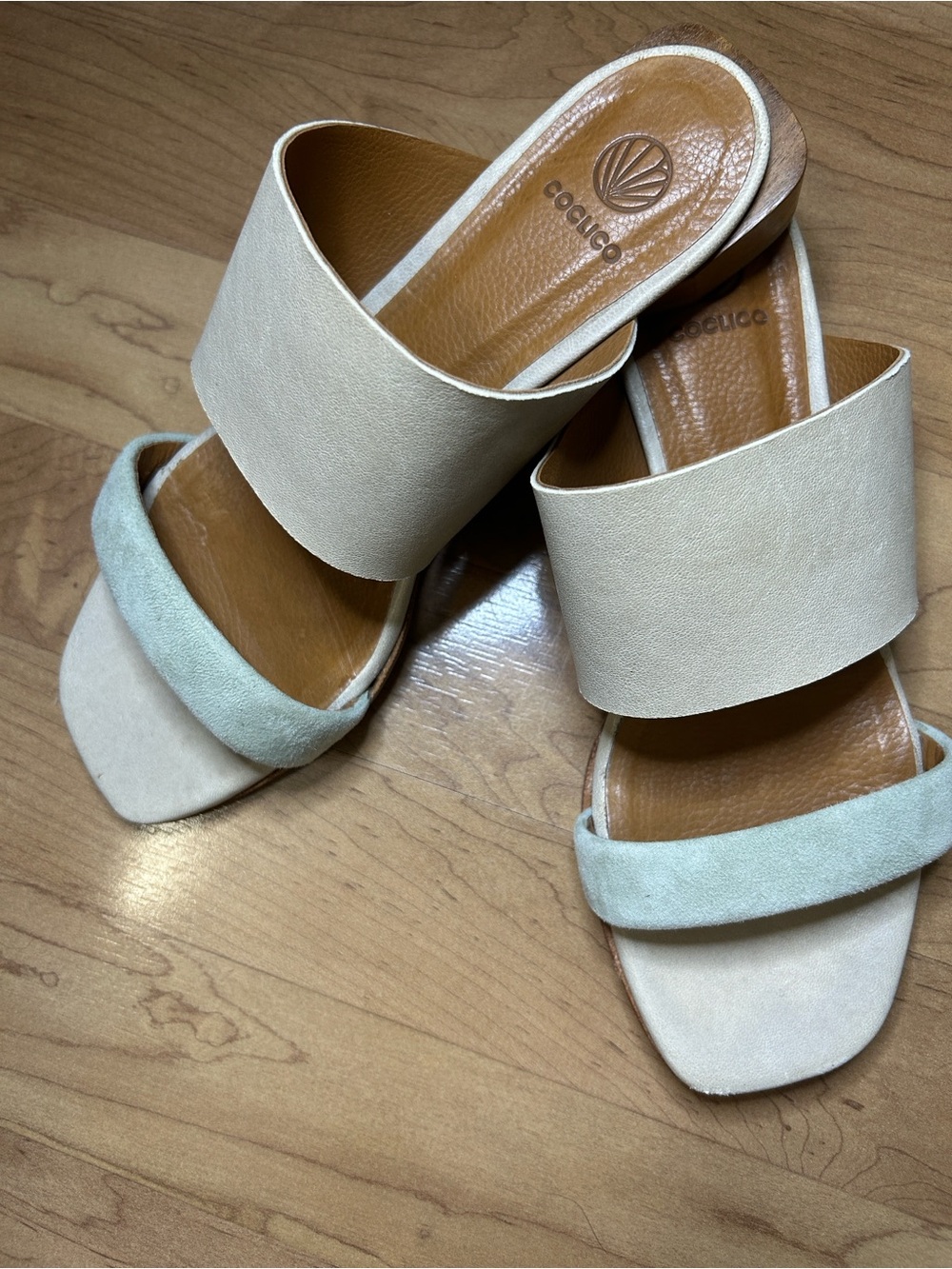COCLICO Two-Band Slide Mules in Cream and Pale Blue